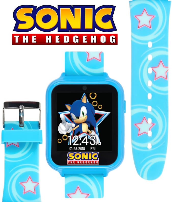 Accutime Kids SEGA Sonic The Hedgehog Blue Educational Touchscreen Smart Watch Toy for Boys, Girls, Toddlers - Selfie Cam, Learning Games, Alarm