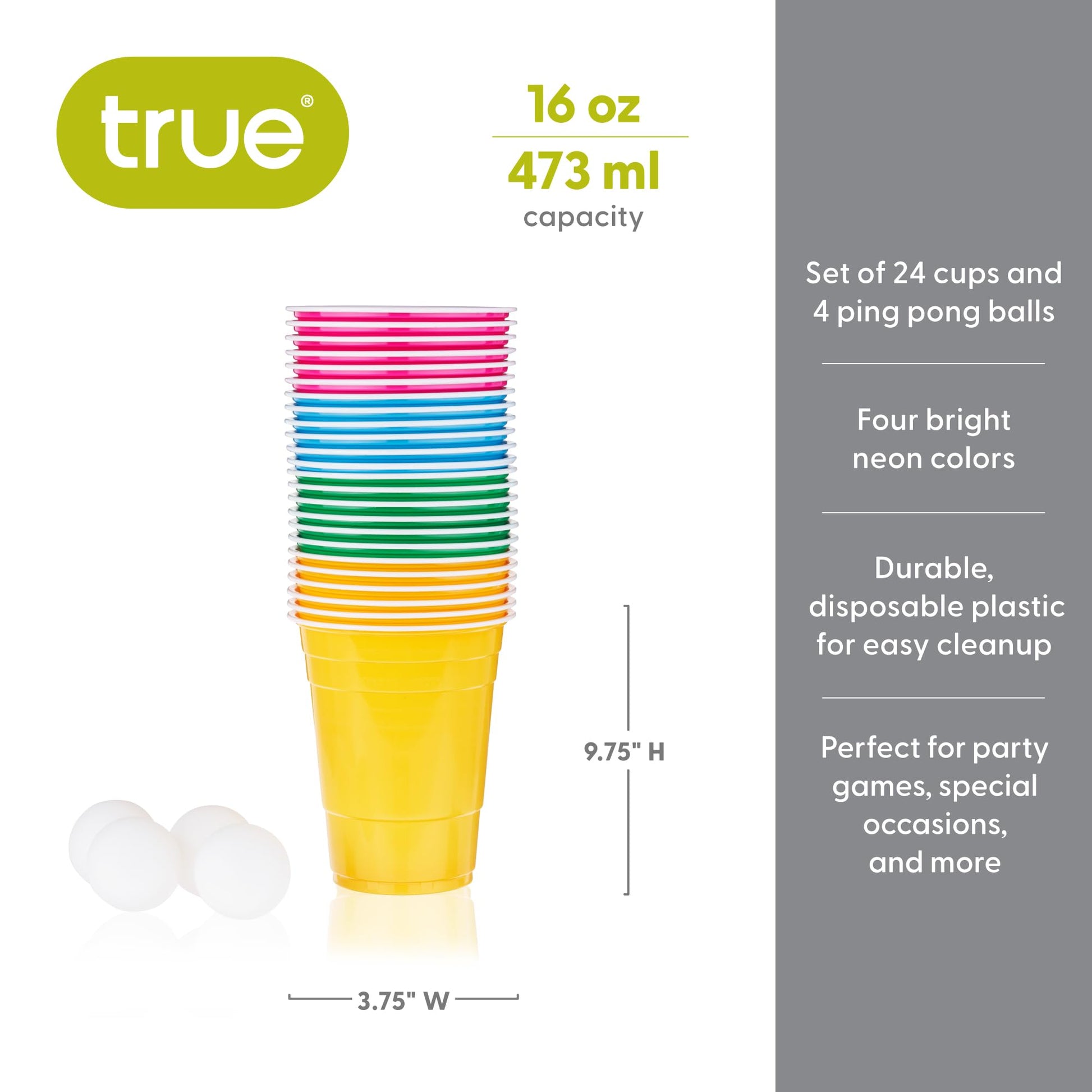 True Neon Kit, Beer Multicolor Set of 24 Cups and 4 Ping Pong Balls, Set of 1, Assorted