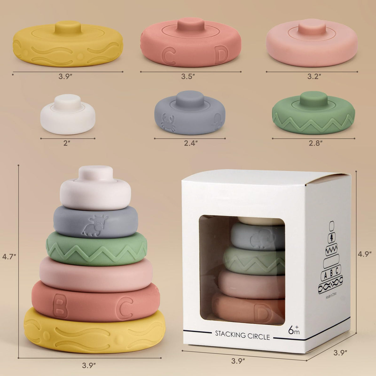 BOBXIN Baby Stacking & Nesting Rings Toy 4.7", 6pcs Soft Silicone Circle Building Stacker,Squeeze Play with Letter,Animal and Graphic,Toddler Sensory