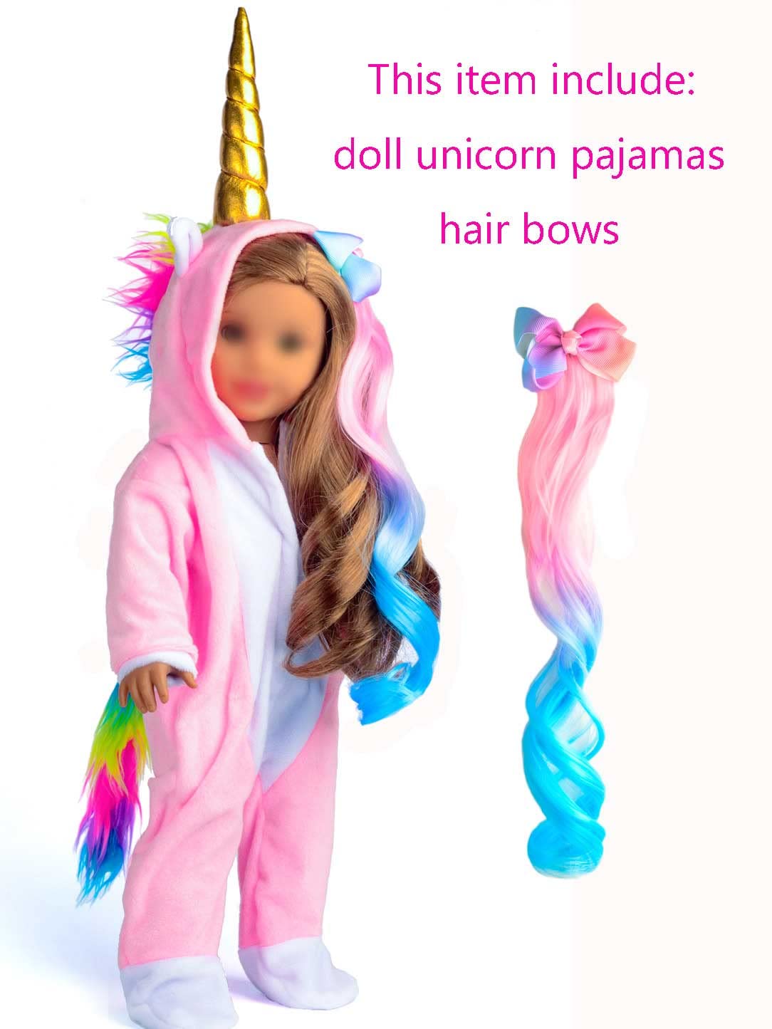 sweet dolly 18 Inch Doll Clothes Unicorn Onesie Pajamas Rainbow Color Hair Bow Clips Costume Fits 18 Inch Doll (Doll Not Included)