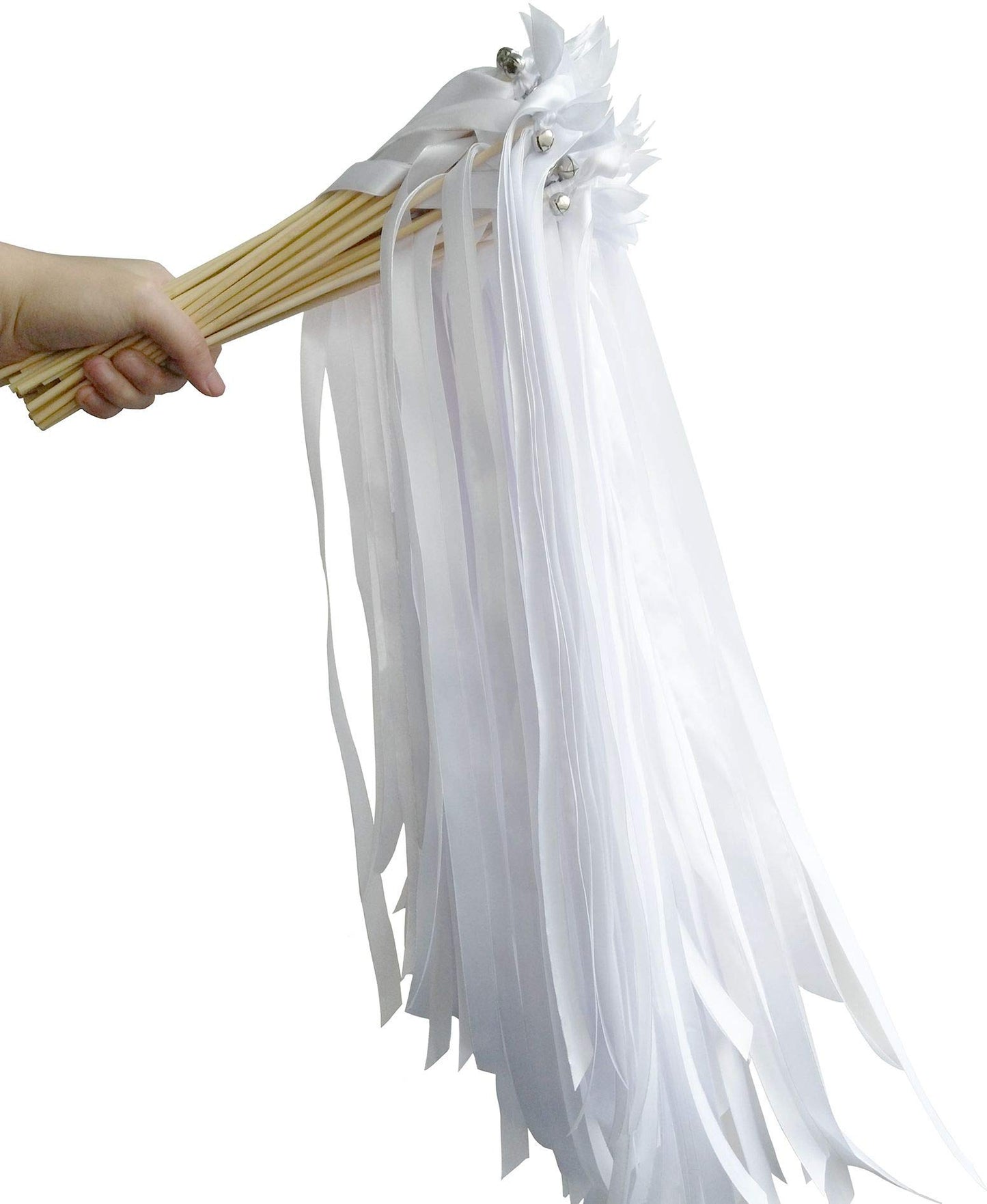 Kingsnow 50PCS Ribbon Wands with Triple Ribbon and Silver Bell Party Wand Party Favors Streamers Ribbon Sticks Magic Fairy Wands for Wedding Decors