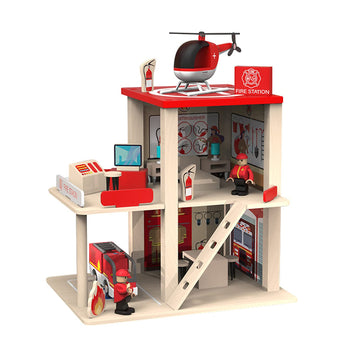BBtinker Wooden Fire Station Playset, Multicolor 3-Level Pretend Play Dollhouse with Figures, Truck, Helicopter and Accessories, Preschool Learning