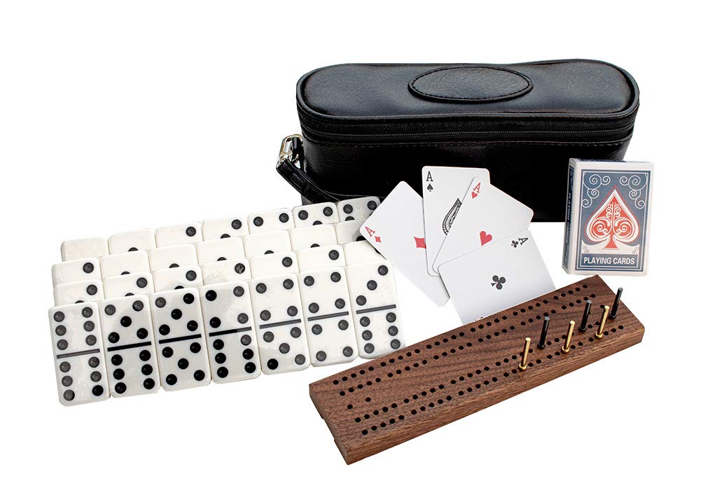 Alex Cramer The Perfect Traveler Classic Domino Set with Leather-Look Travel Case and a Deck of Miniature Playing Cards (Dominoes Set)