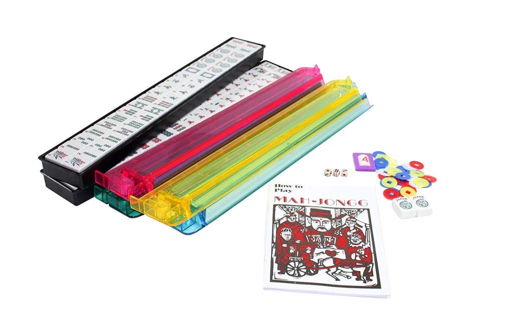 HNDTEK American Mahjong Set - Red Burgundy Soft Bag - 166 White Engraved Tiles, 4 All-in-One Rack/Pushers Western Mah Jongg Game Set