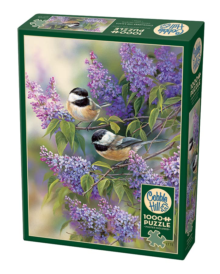 Cobble Hill 1000 Piece Puzzle - Chickadees and Lilacs - Sample Poster Included