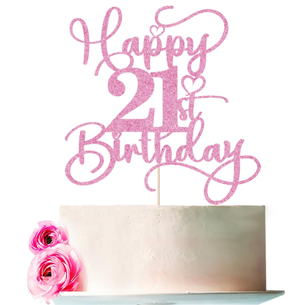 Bejotaa Pink Glitter Happy 21st Birthday Cake Topper 1pcs