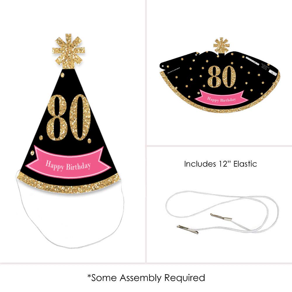 Big Dot of Happiness Chic 80th Birthday - Pink, Black and Gold - Mini Cone Birthday Party Hats - Small Little Party Hats - Set of 8