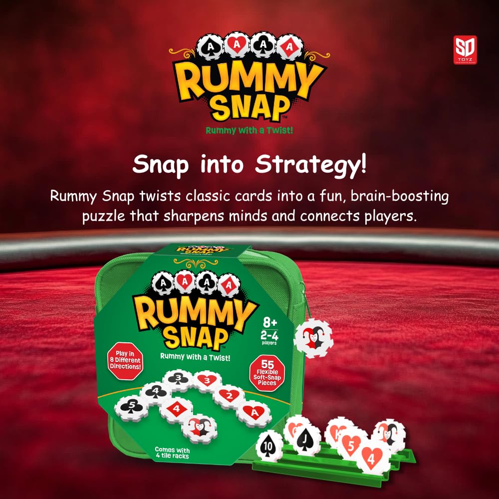 Rummy Strategy Game for Adults, Family, and Kids, Includes Full Size Snap Tiles, Racks, and Storage Travel Bag, Fun for Ages 8+, 2-4 Players