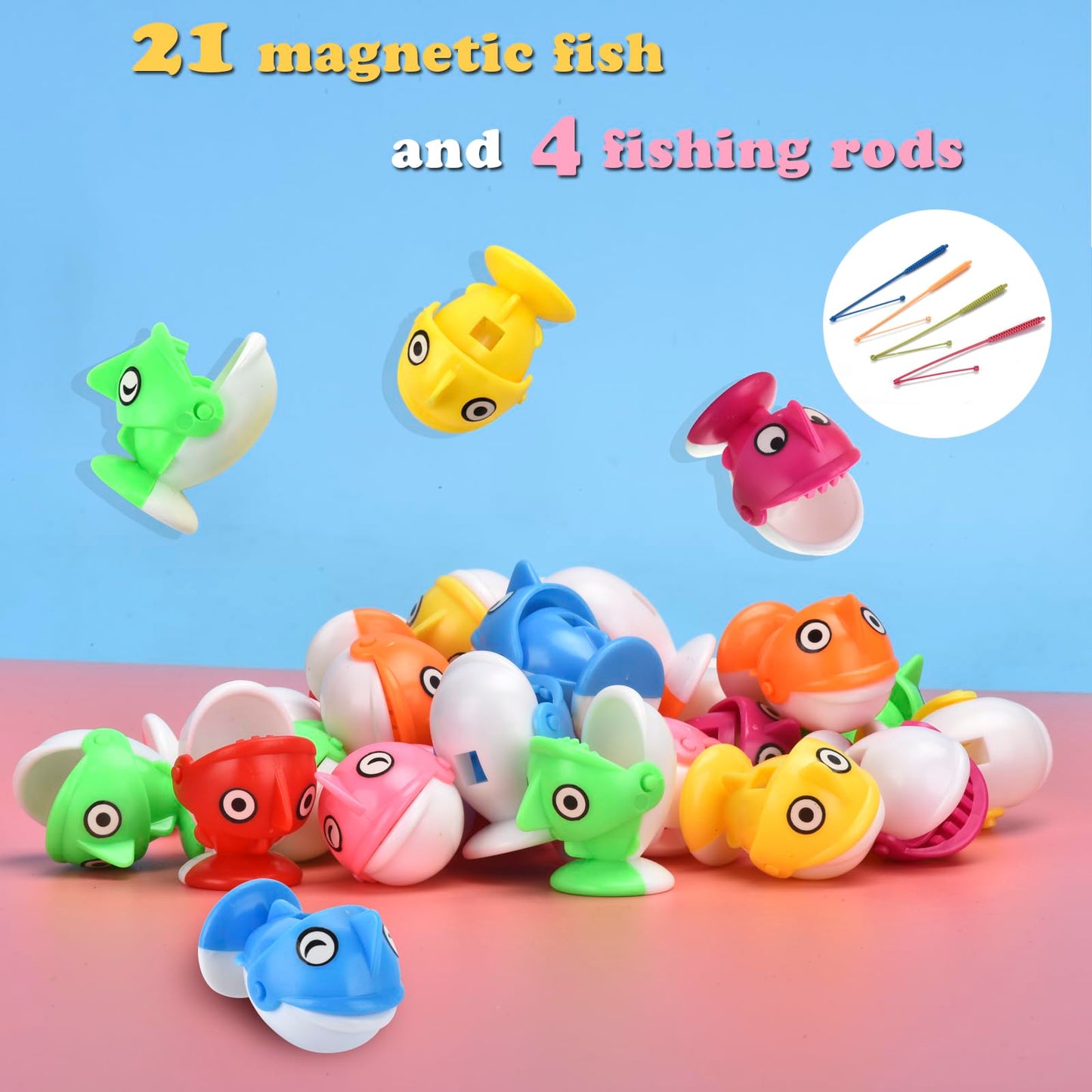QuadPro Magnetic Fishing Games Set - Fun and Educational Fishing Toys for Toddlers and Kids, Includes 21 Fish, 4 Poles, Rotating Board, and On-Off