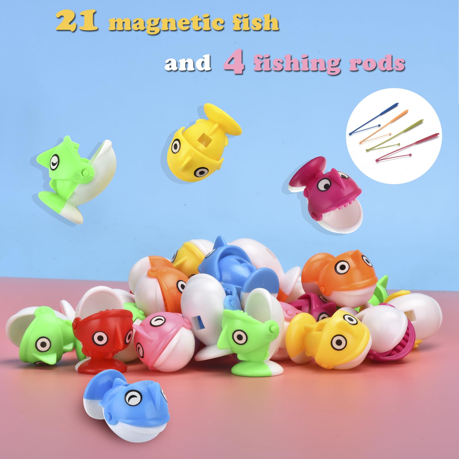 QuadPro Magnetic Fishing Games Set - Fun and Educational Fishing Toys for Toddlers and Kids, Includes 21 Fish, 4 Poles, Rotating Board, and On-Off