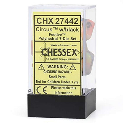 DND Dice Set-Chessex D&D Dice-16mm Festive Circus and Black Plastic Polyhedral Dice Set-Dungeons and Dragons Dice Includes 7 Dice - D4 D6 D8 D10 D12