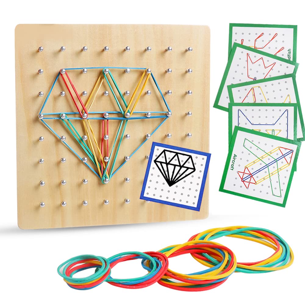 Wooden Geoboard with Rubber Bands Graphical Math Pattern Blocks Geo Board - Montessori Educational Toy for Kids with Pattern Cards and Rubber Bands