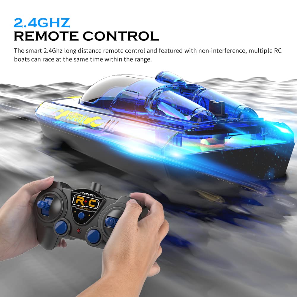 Akargol RC Boat with LED - Remote Control Boat for Pools and Lakes 2.4 GHZ RC Boats with 2 Rechargeable Battery Whole Body Waterproof, Low Battery