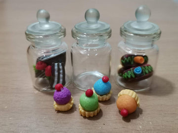 3pc Miniature Food Candy Chocolate Cake Cookie Dollhouse Cake in Clear Glass Mini Bottle Fruit Food #MF088