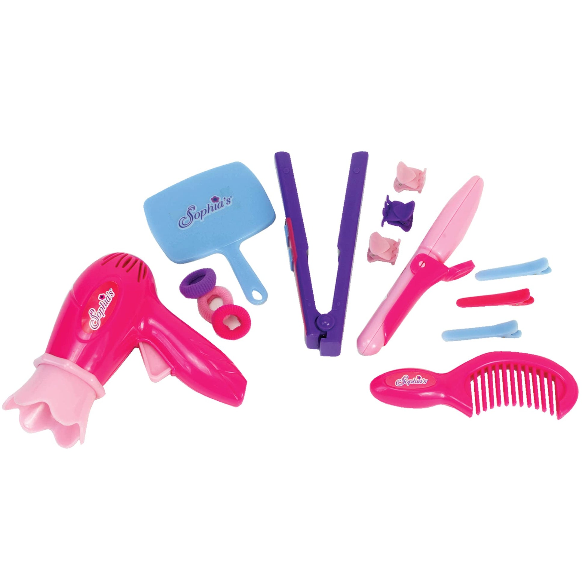 Sophia's Hair Salon Complete 30 Piece Set with Styling Tools, Hair Ties, Brush, Mirror, Blow Dryer, Salon Cape and More for 18" Dolls, Pink/Purple