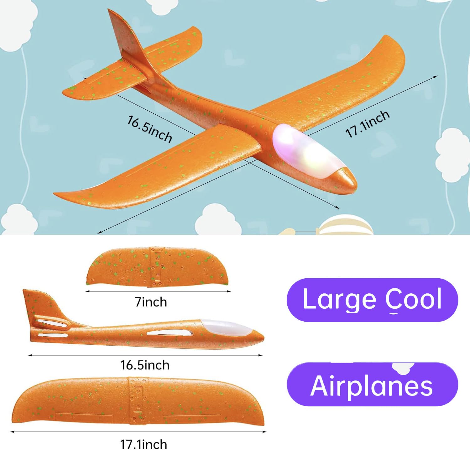 Tivcck 4 Pack LED Light Airplane Toys,17.5" Large Throwing Foam Plane,LED Foam Glider Planes,2 Flight Mode Glider Planes,Airplane Flying Toys for Kids