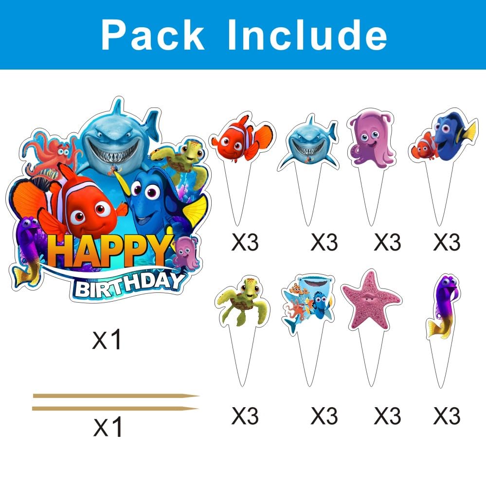 25Pcs Finding Nemo Cake Decorations with 24pcs Cupcake Toppers, 1pcs Cake Topper for Kids Birthday Party Supplies