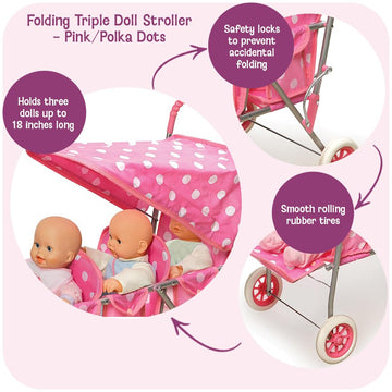 Badger Basket Triple Doll Stroller for Dolls - Lightweight and Foldable Toy Pram with Canopy - Fun Pretend Play for Kids in Stylish Pink with Polka