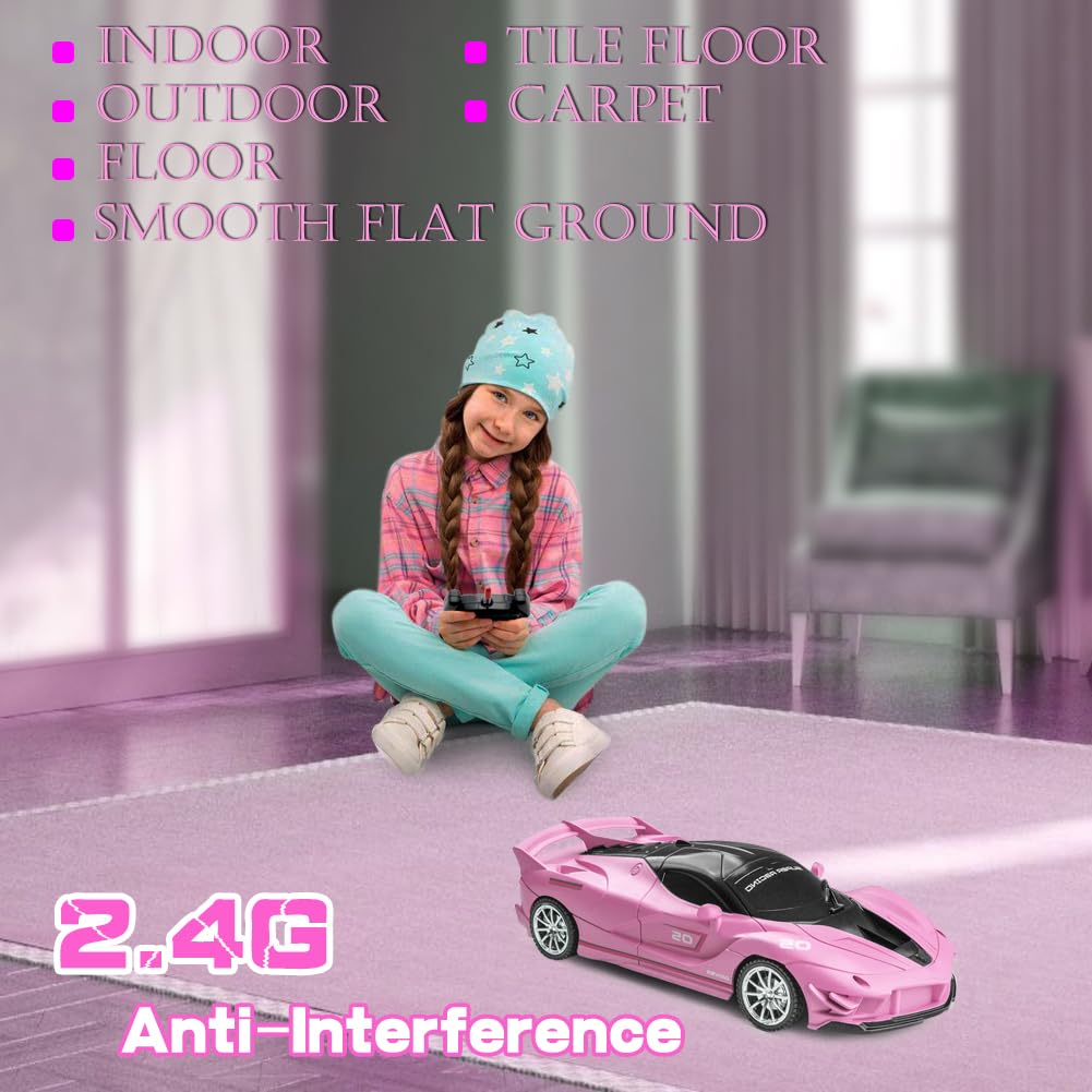 Yomwet Remote Control Car, Pink RC Cars for Girls, Rechargeable RC Racing, Electric Power On Road High Speed Drift Model Vehicle Toy with Led