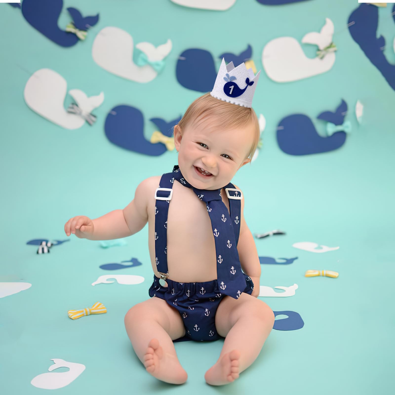 YOUAME Whale 1st Birthday Crown - Ocean Themed 1st Party Decorations,Blue Whale First Bday Hat,The Big One Birthday Crown Outfit, Ocean Animals Party