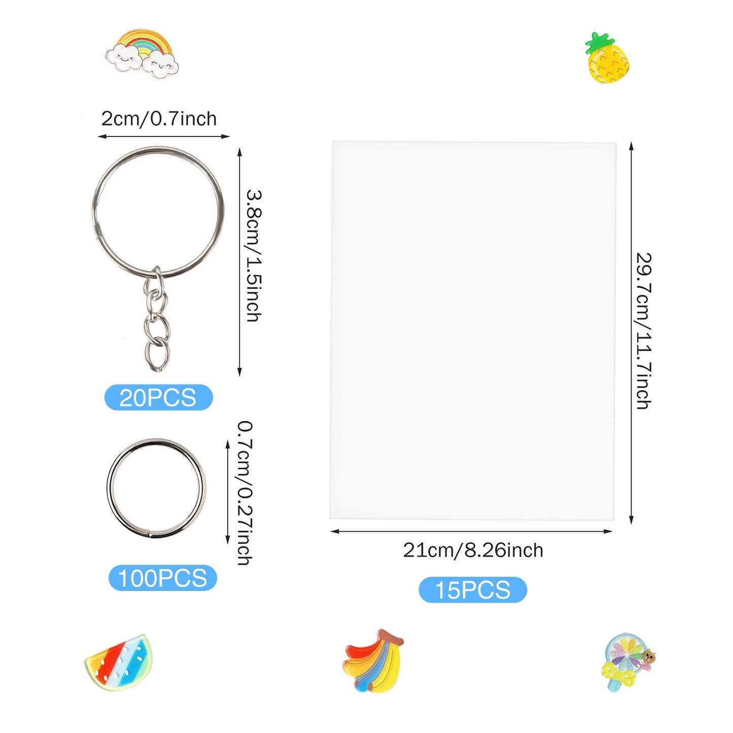 FASBET 135pcs Big Size Heat Shrinky Paper Keychain Kit with 120pcs Keychains Accessories and 15pcs A4 (11.7''x8.3'') Clear Heat Shrinky Art Film Paper