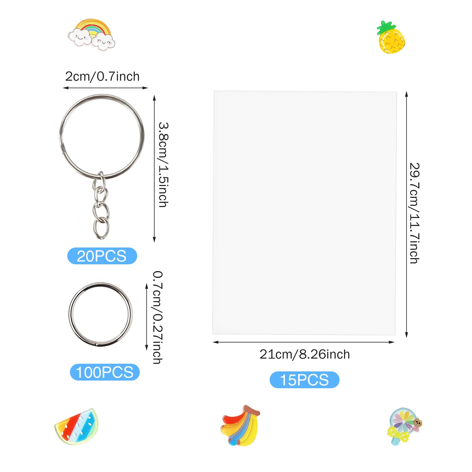 FASBET 135pcs Big Size Heat Shrinky Paper Keychain Kit with 120pcs Keychains Accessories and 15pcs A4 (11.7''x8.3'') Clear Heat Shrinky Art Film Paper