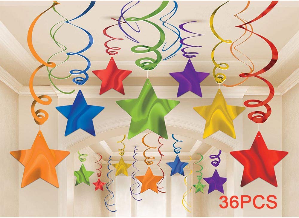 AimtoHome Rainbow Party Star Swirl,Foil Ceiling Hanging Swirl Decorations with Star, Whirls Decorations for Party, Pack of 36,Green Red Yellow Blue