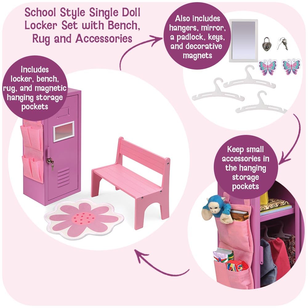 Badger Basket School-Style Single Doll Locker Set with Bench, Rug, and Accessories - Purple and Pink Design for 18-Inch Dolls