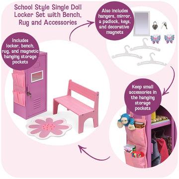 Badger Basket School-Style Single Doll Locker Set with Bench, Rug, and Accessories - Purple and Pink Design for 18-Inch Dolls