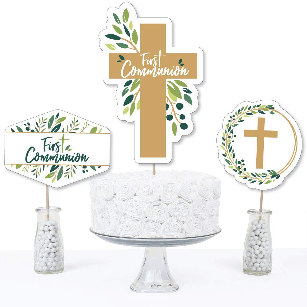 Big Dot of Happiness First Communion Elegant Cross - Religious Party Centerpiece Sticks - Table Toppers - Set of 15