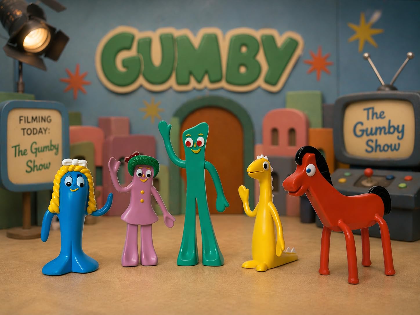 NJ Croce Gumby & Friends Bendable Action Figure Boxed Set Gumby, Pokey, Minga, Goo & Prickle Flexible and Poseable Classic Full Size Toy Set