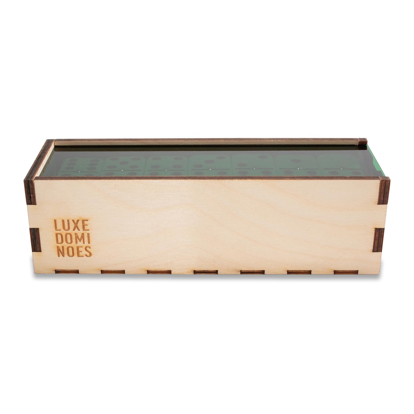 Deluxe Modern Domino Set Double Six, with Jumbo Sized Tournament Dominoes Black and White Two Toned with Spinner (Rivets) in Wood Box with Acrylic Top