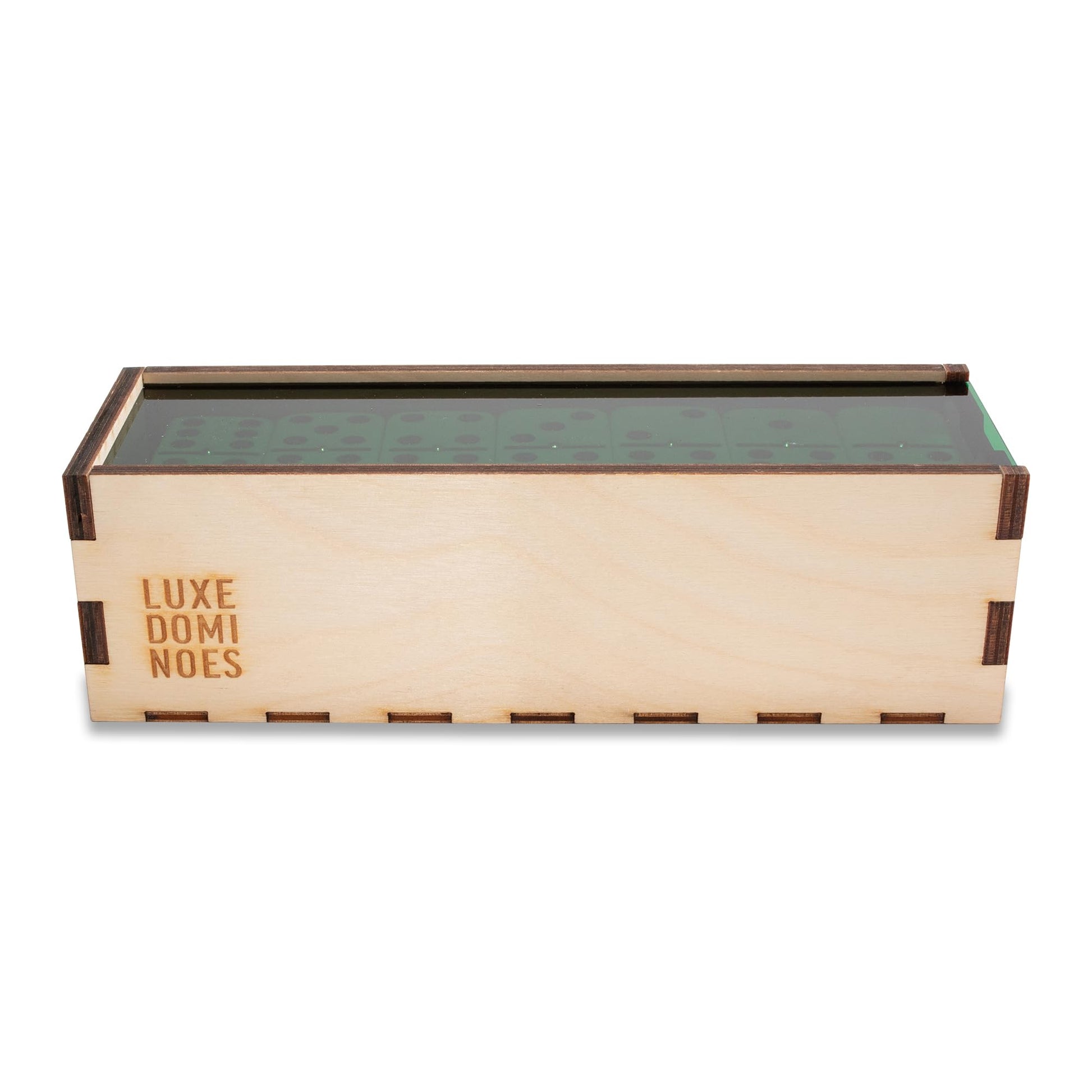 Deluxe Modern Domino Set Double Six, with Jumbo Sized Tournament Dominoes Black and White Two Toned with Spinner (Rivets) in Wood Box with Acrylic Top