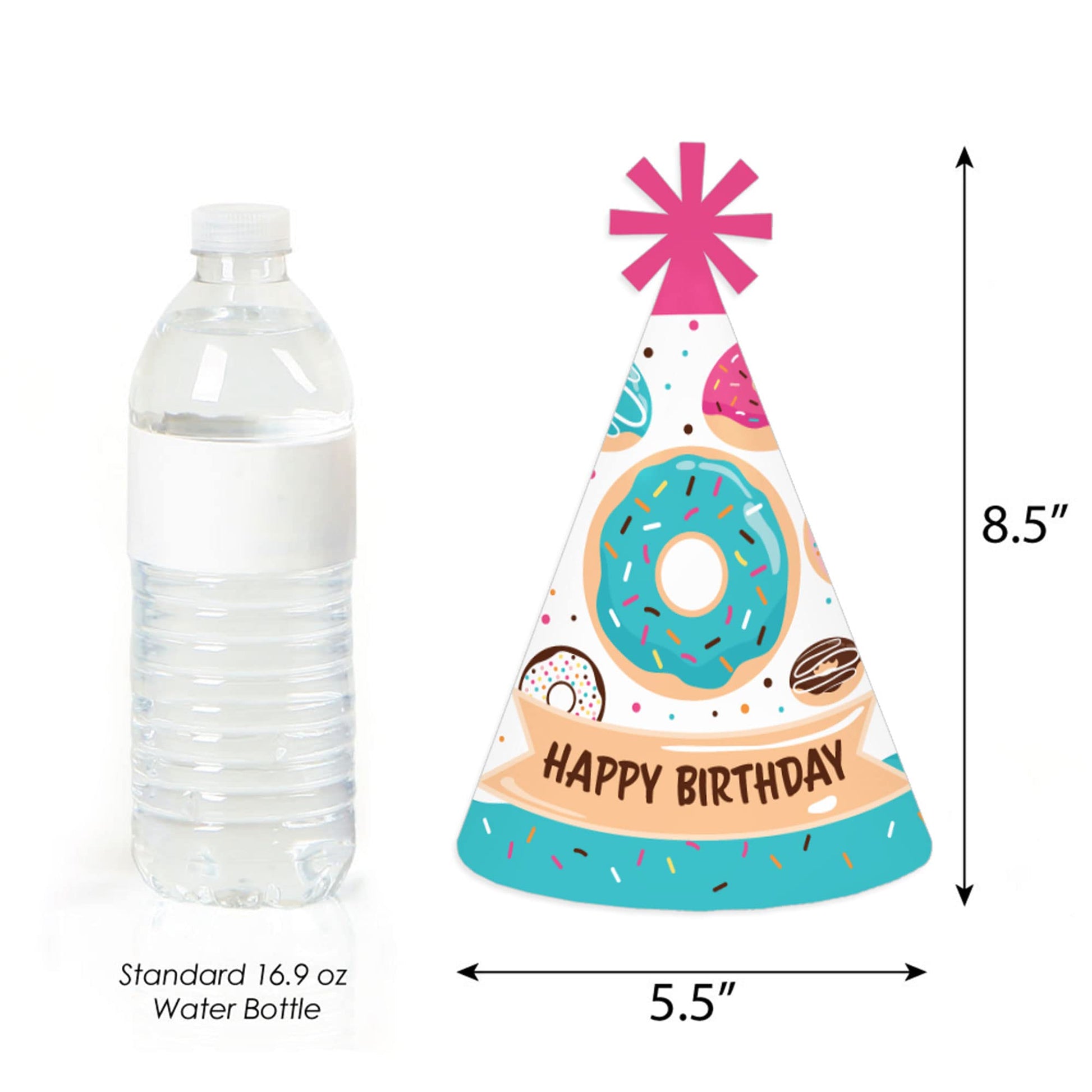 Big Dot of Happiness Donut Worry, Let’s Party - Cone Happy Birthday Party Hats for Kids and Adults - Set of 8 (Standard Size)