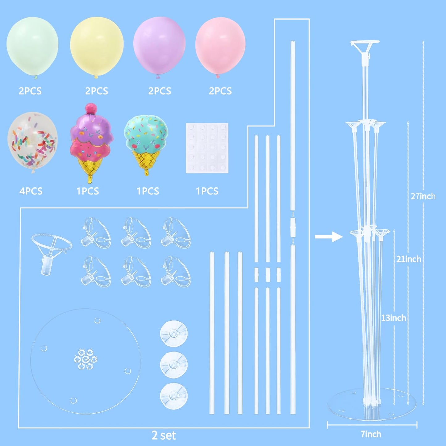 Ice Cream Party Balloons Stand for Table 2 Sets with 2 Ice Cream Foil Balloons 14 Pastel Latex Balloons for Sweet One Birthday Girl Baby Shower Party