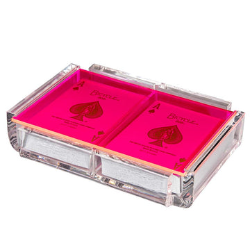Luxe Dominoes Modern Elegant Playing Card Deck Holder Tray with 2 Decks of Playing Cards in Unique Stylish Deluxe Acrylic Box with Color lid (Neon
