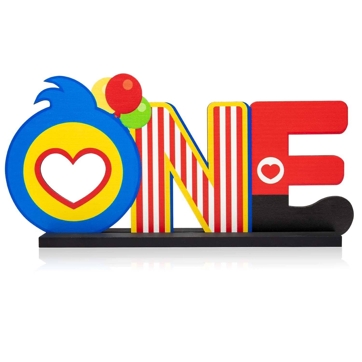 C1krint Plim Plim ONE Letter Sign Wood Table Centerpiece - 1Pcs Circus Clown Plim Plim Theme First Birthday Party Decoration Supply for One Year Old