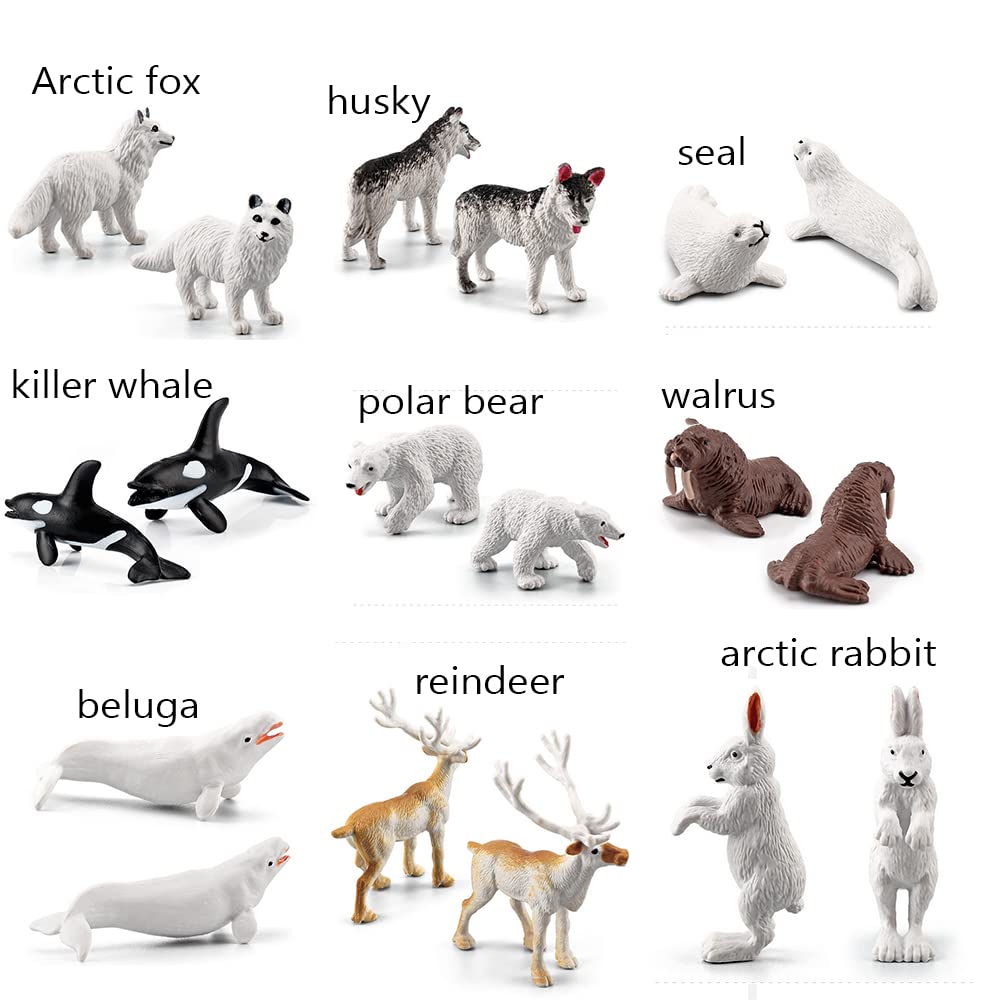 OUKEYI 10PCS Realistic Polar Animals Figurines - Mini Arctic Animals Toys Set - 1-2 Inch Plastic Tundra Deer, Bear, Fox Kids Diorama Birthday Gift