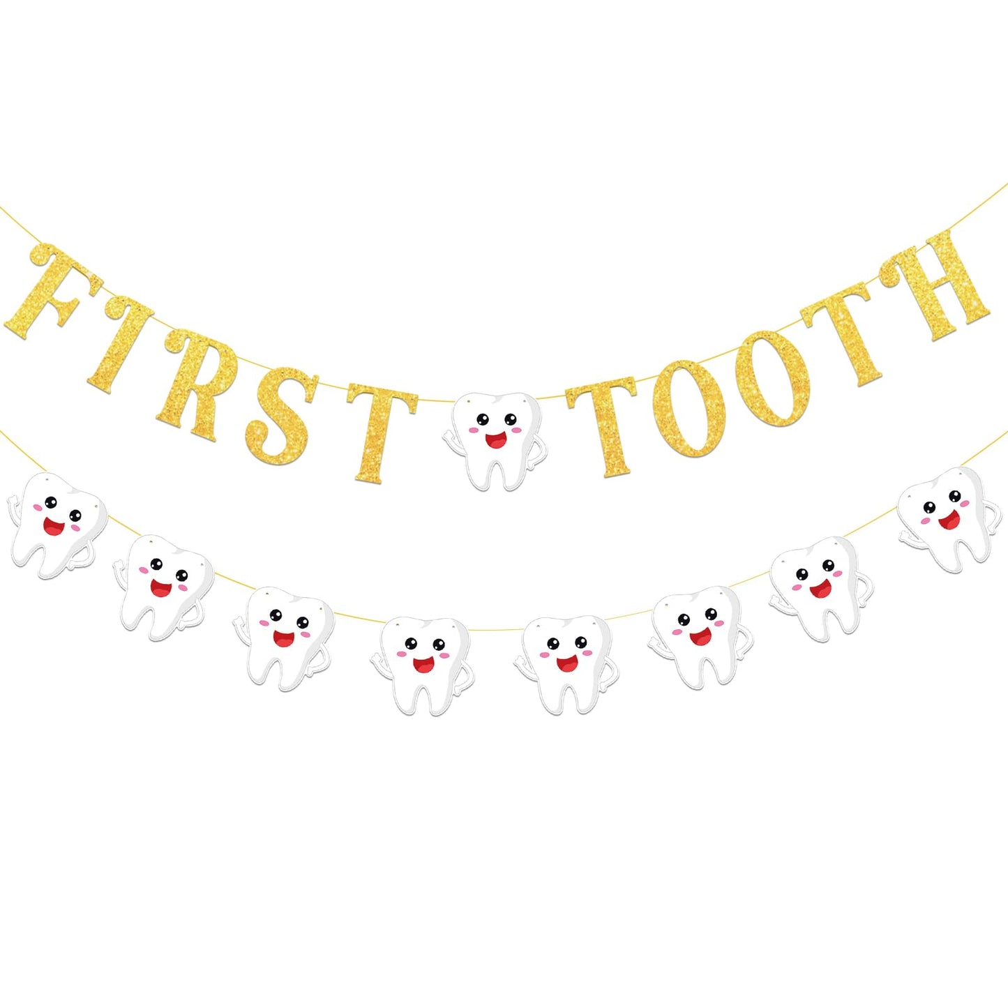 Pre-Strung Tooth Theme Banner Decorations, Gold Glitter Letter Garland with Tooth-Shaped Hanging Decor for Dental Clinic, Oral Health Events