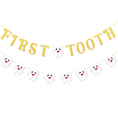 Pre-Strung Tooth Theme Banner Decorations, Gold Glitter Letter Garland with Tooth-Shaped Hanging Decor for Dental Clinic, Oral Health Events