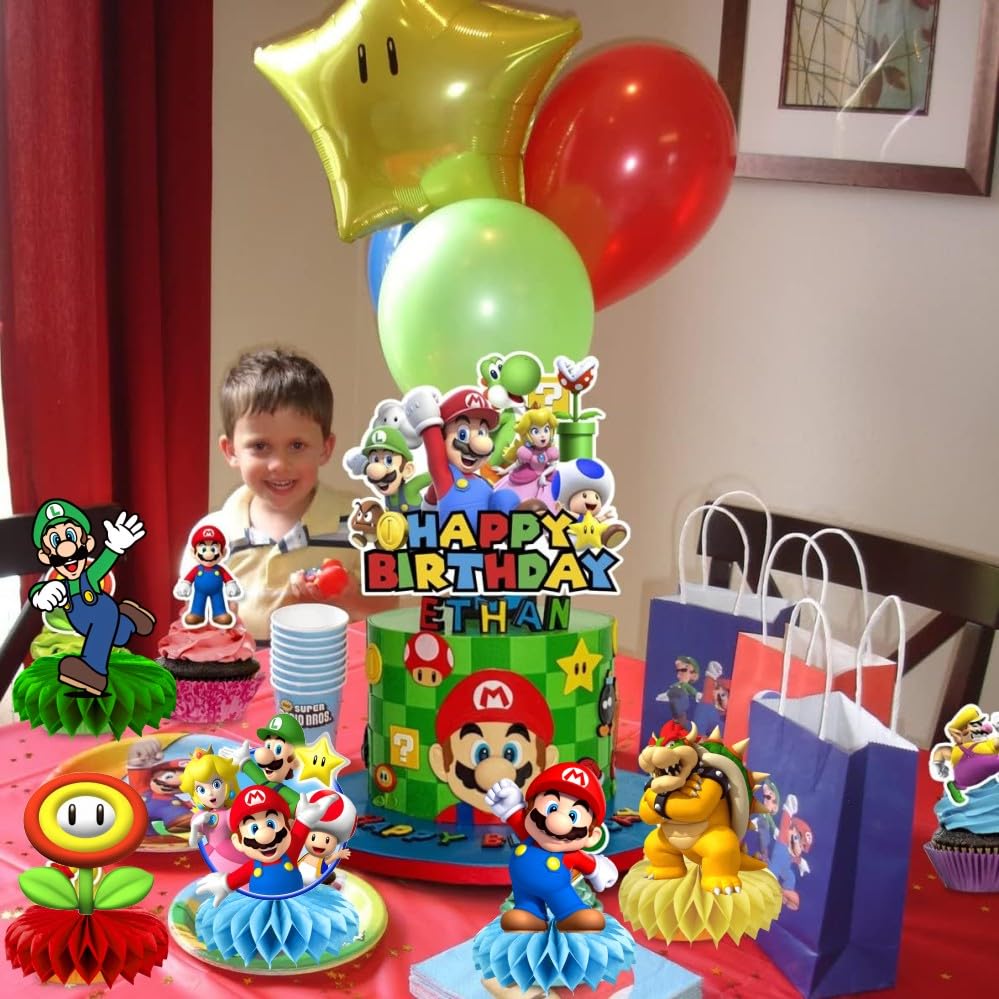 8Pcs Mario Table Centerpiece Birthday Party Supplies Double Side Table Decorations for Mario Themed Party Decorations