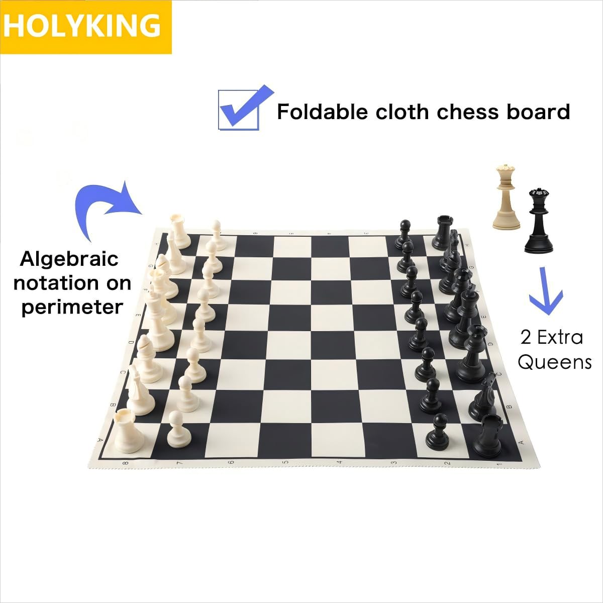 HOLYKING 19" Roll Up Chess Board Set - Portable Travel Chess Game with Weighted Plastic Pieces & No-Wrinkle Cloth Chessboard for Kids Adults Beginners