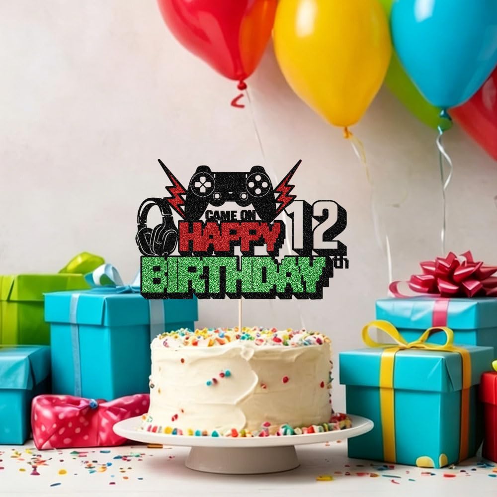 Video Game Happy 12th Birthday Cake Topper,Glitter Gaming Cake Decor,Perfect for Kids/Teens Video Game Theme Birthday Supplies,Boys 12th Birthday