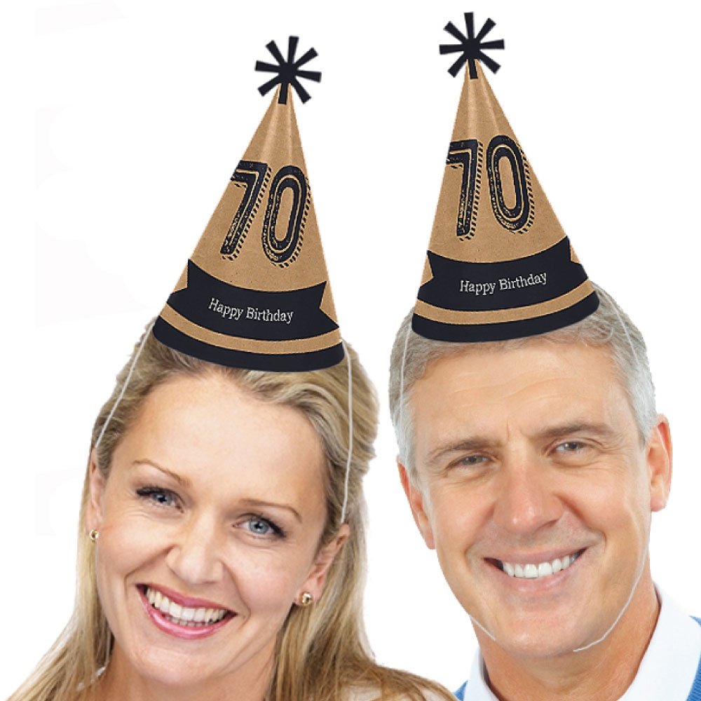 Big Dot of Happiness 70th Milestone Birthday - Cone Happy Birthday Party Hats for Adults - Set of 8 (Standard Size)