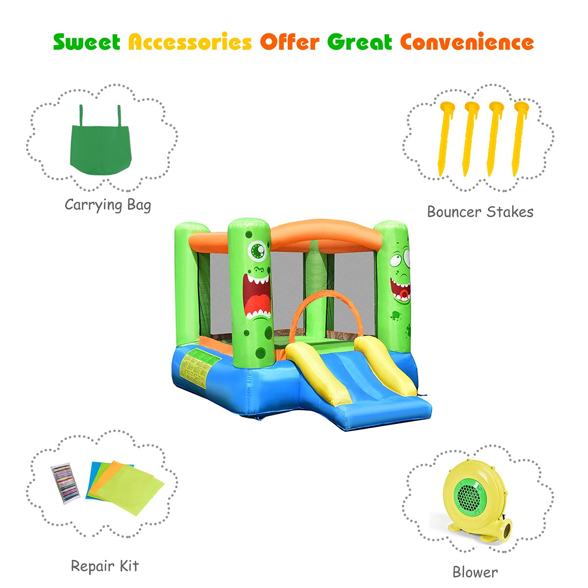 HONEY JOY Inflatable Bounce House, Blow up Moon Bounce for Kids w/Slide, Giant Jumpy Area, Ocean Ball Pit, Basketball Rim, Stakes, Jumping Bouncy