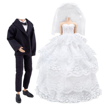 E-TING Wedding Set Beautiful Gown White Bride Dress Clothes with Veil and Groom Business Suit Outfit for Dolls?Doll Not Included?
