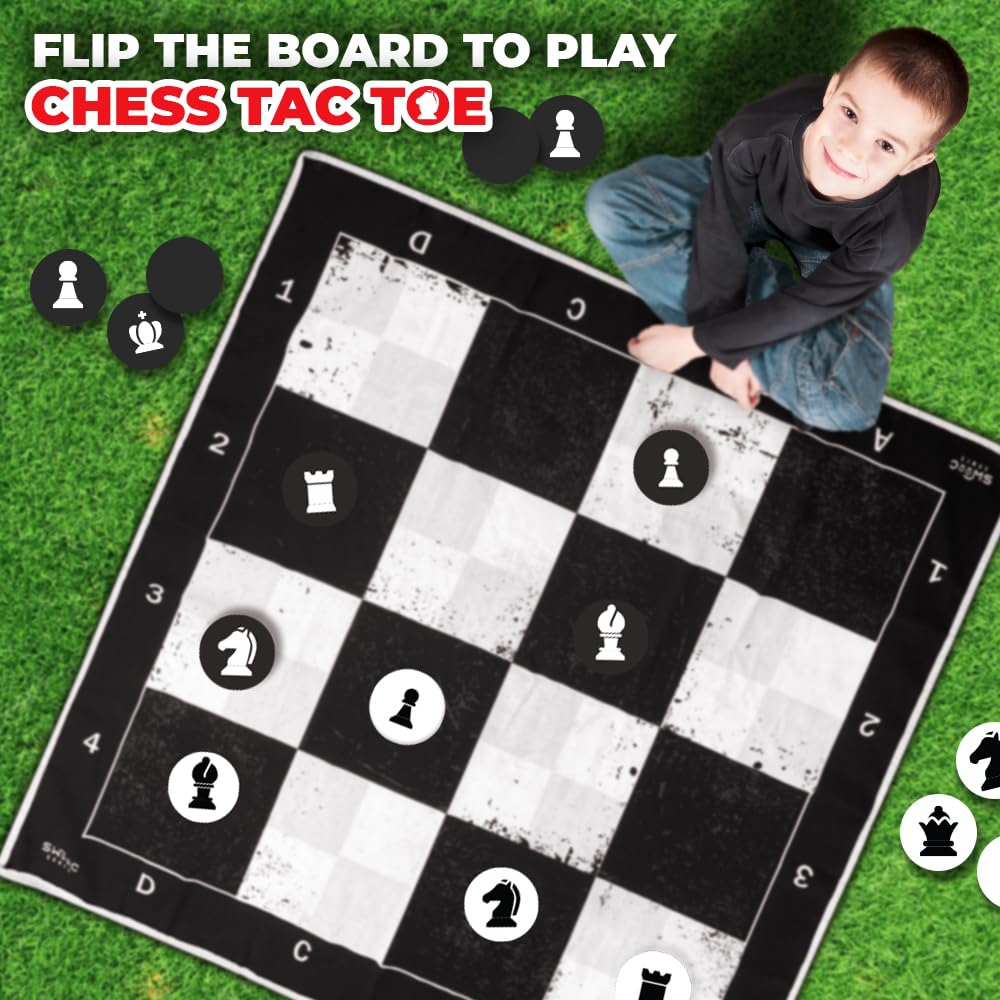 Swooc Games - 3-in-1 Giant Chess, Checkers, & Chess Tac Toe Game with Mat (4ft x 4ft) - Machine-Washable Canvas & 5" Big Foam Discs - Giant Chess Set
