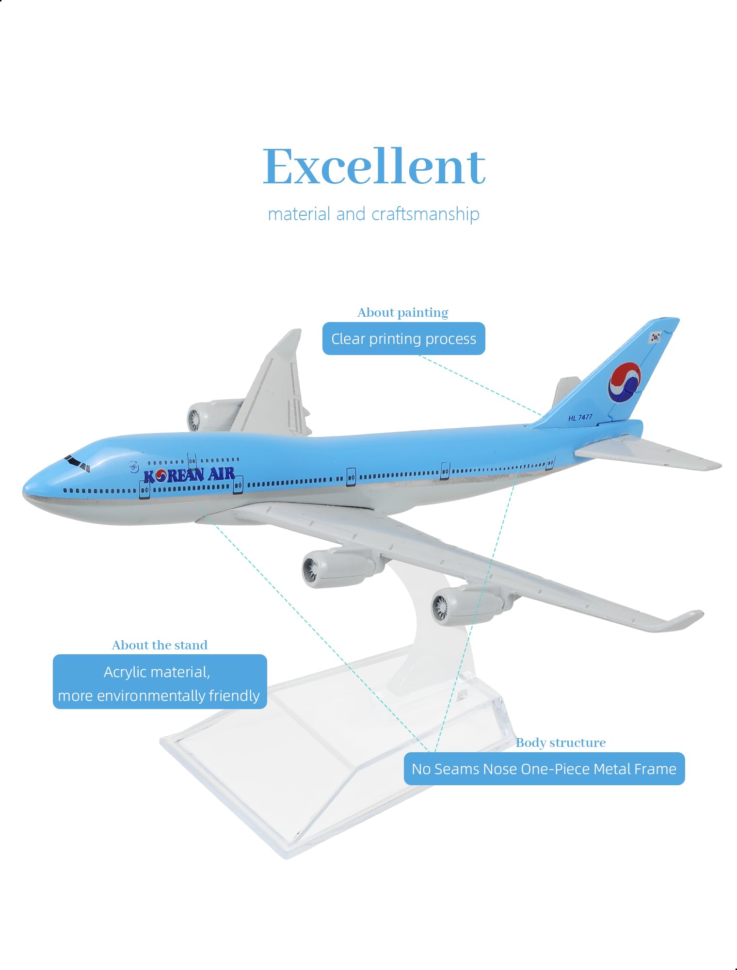 QIYUMOKE 1/400 Compatible for Korean Boeing 747 Model Airplane with Display Stand, 6 Inch Diecast Metal Passenger Plane for for Aviation Enthusiasts