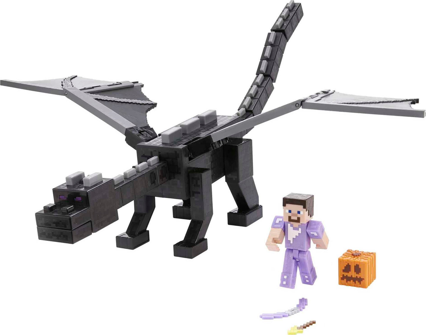 Mattel Minecraft Ultimate Ender Dragon Figure, 20-in Mist-Breathing Creature, Plus 3.25-in Color-Change Steve Figure, Weapon, Amor and Battle