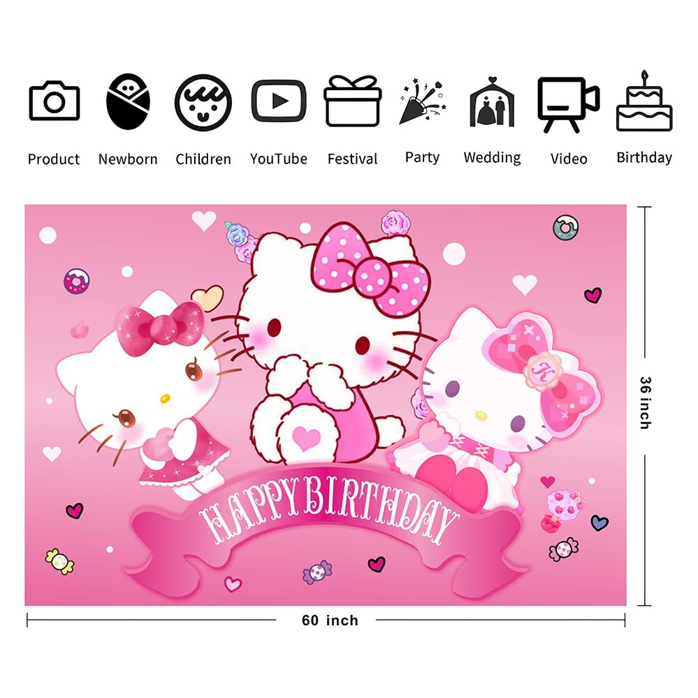 Kitty Birthday Decorations,Girls Princess Happy Birthday Banner Backdrop for Kids Birthday Party Supplies (5x3ft)